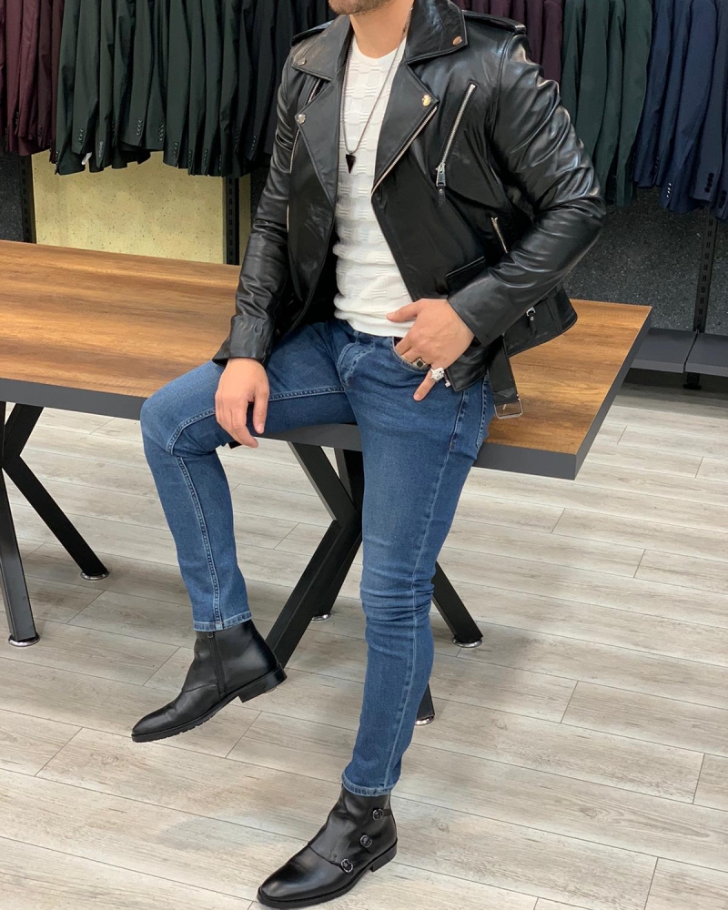 Black Slim Fit Leather Jacket by GentWith.com with Free Worldwide Shipping