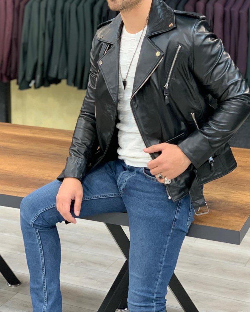 Black Slim Fit Zipper Leather Jacket by GentWith.com with Free Worldwide Shipping