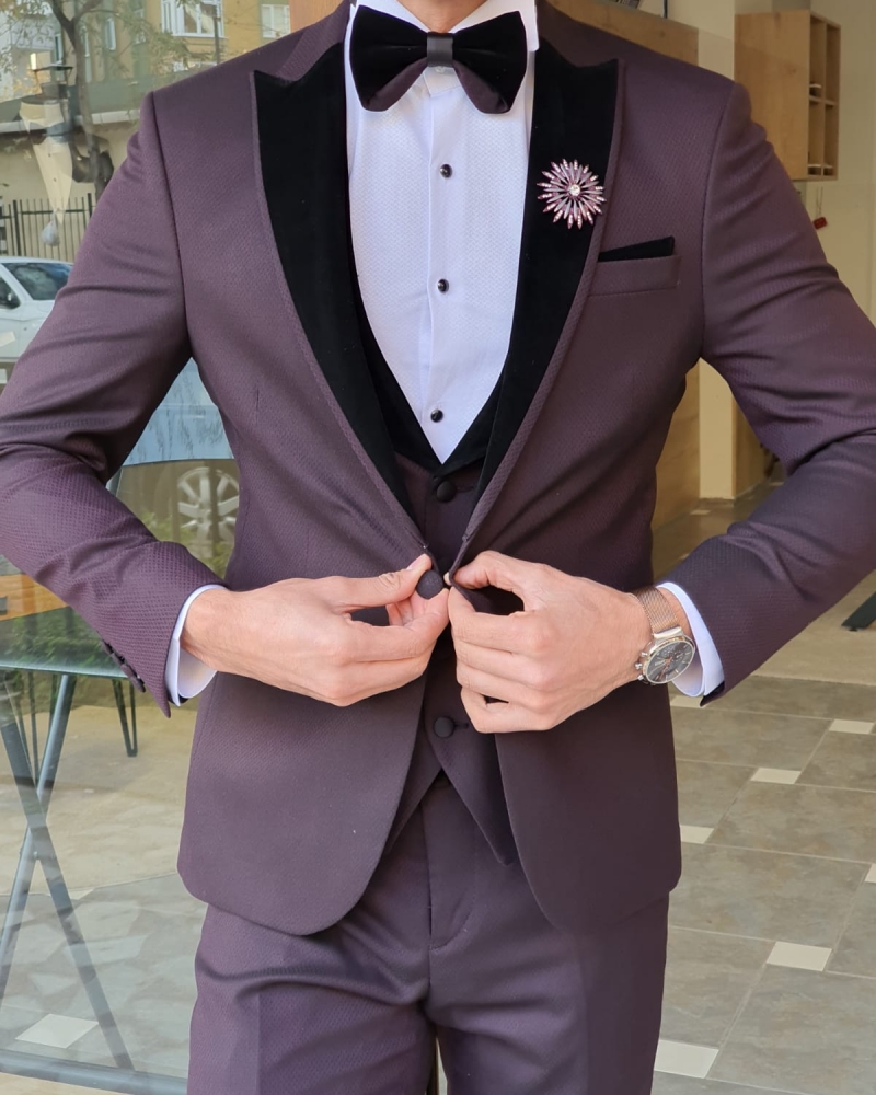 Burgundy Slim Fit Peak Lapel Tuxedo by GentWith.com with Free Worldwide Shipping