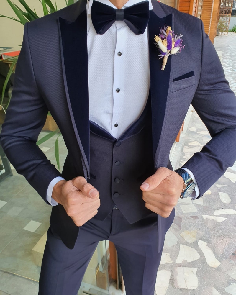 Navy Blue Slim Fit Peak Lapel Tuxedo by GentWith.com with Free Worldwide Shipping