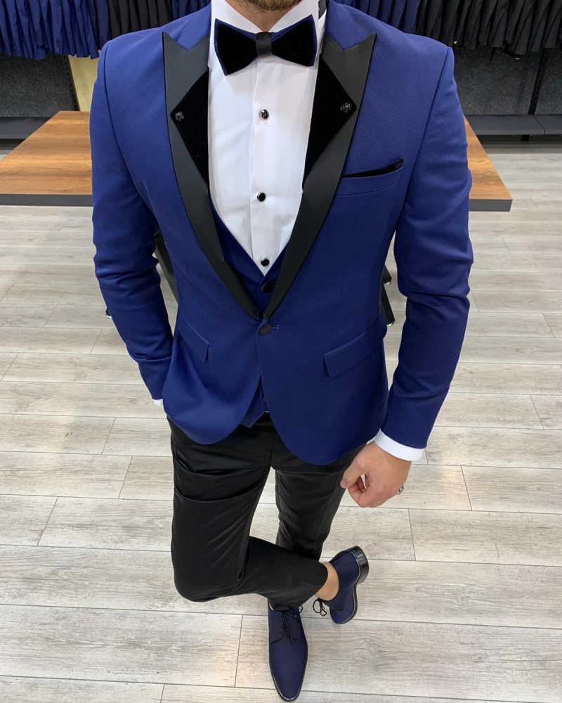 Blue Slim Fit Peak Lapel Tuxedo by GentWith.com with Free Worldwide Shipping