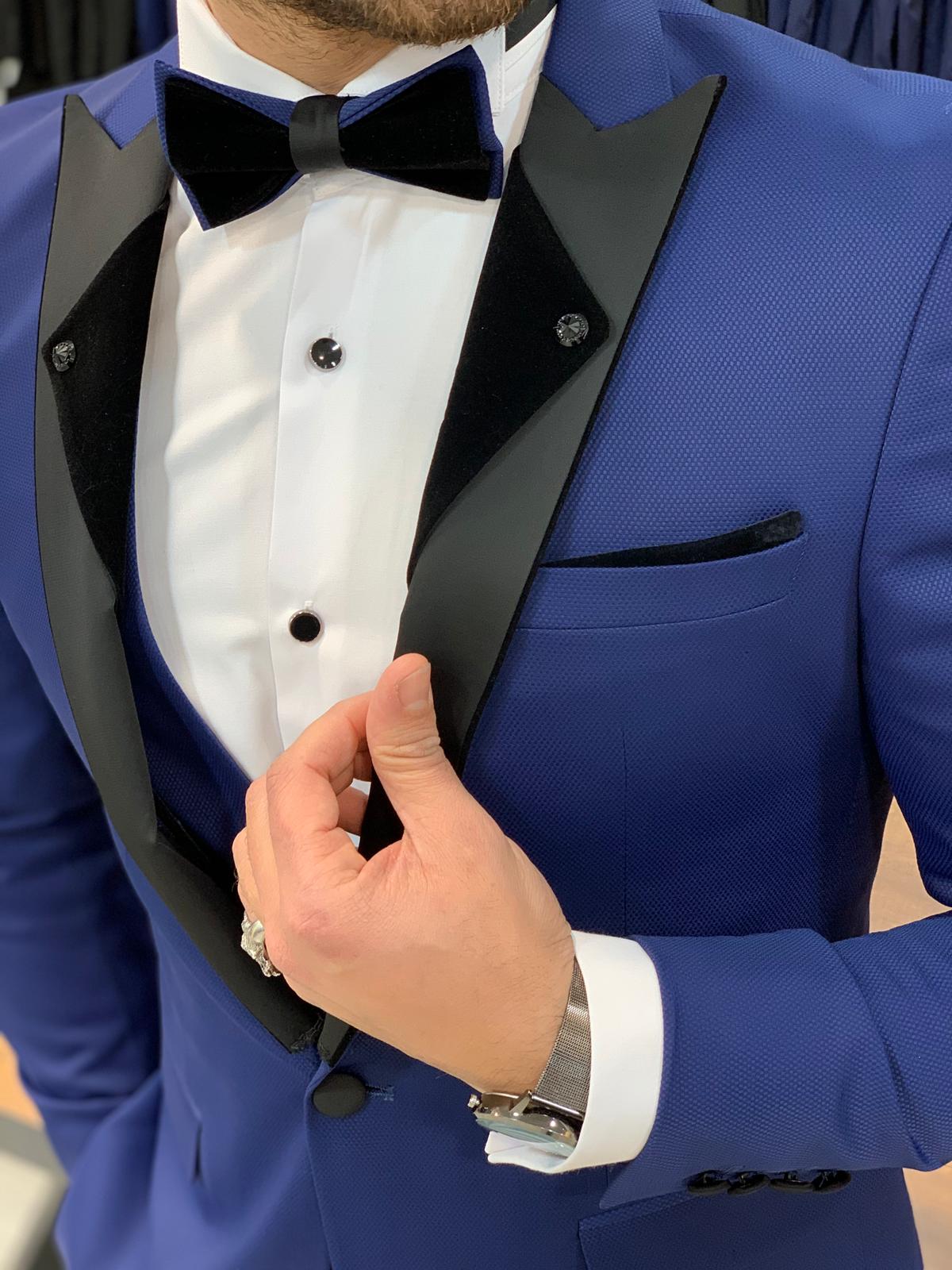 Buy Blue Slim Fit Peak Lapel Tuxedo by GentWith | Worldwide Shipping