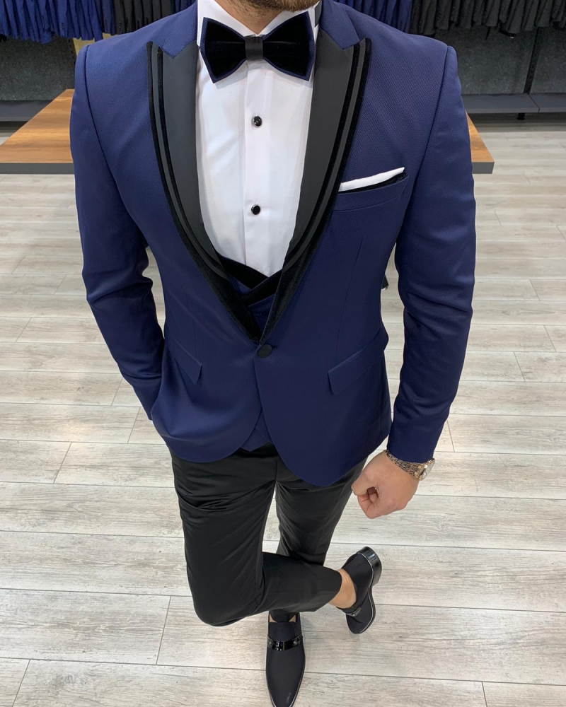 Navy Blue Slim Fit Peak Lapel Tuxedo by GentWith.com with Free Worldwide Shipping