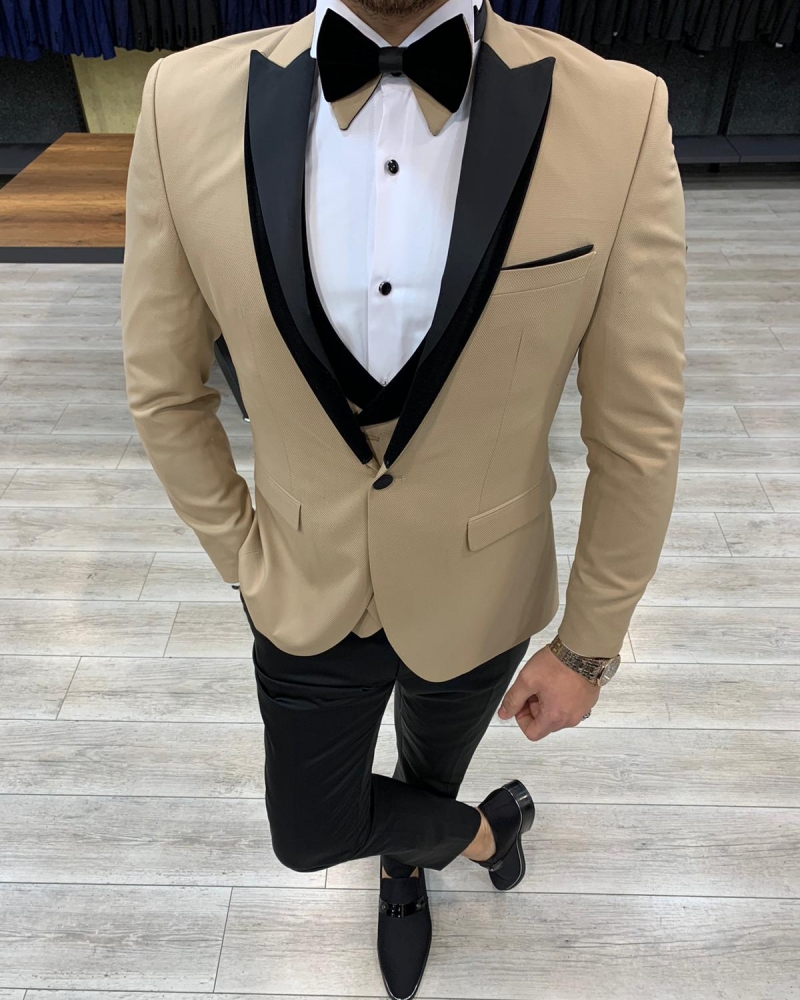 Buy Gold Slim Fit Velvet Peak Lapel Tuxedo by GentWith