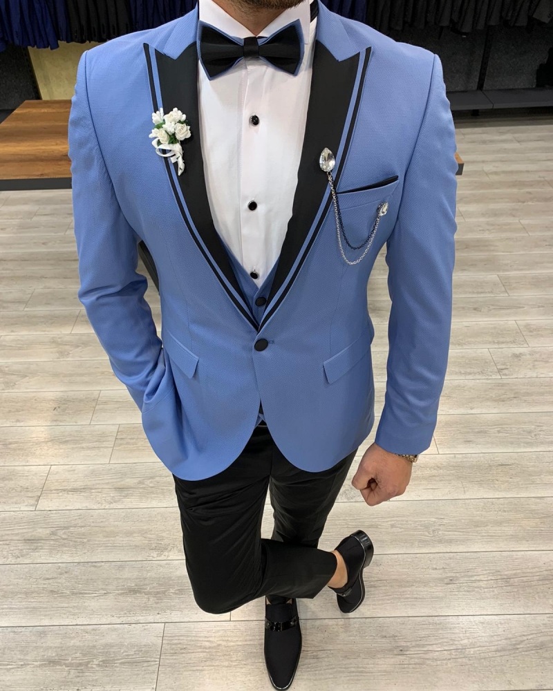 Blue Slim Fit Peak Lapel Tuxedo by GentWith.com with Free Worldwide Shipping