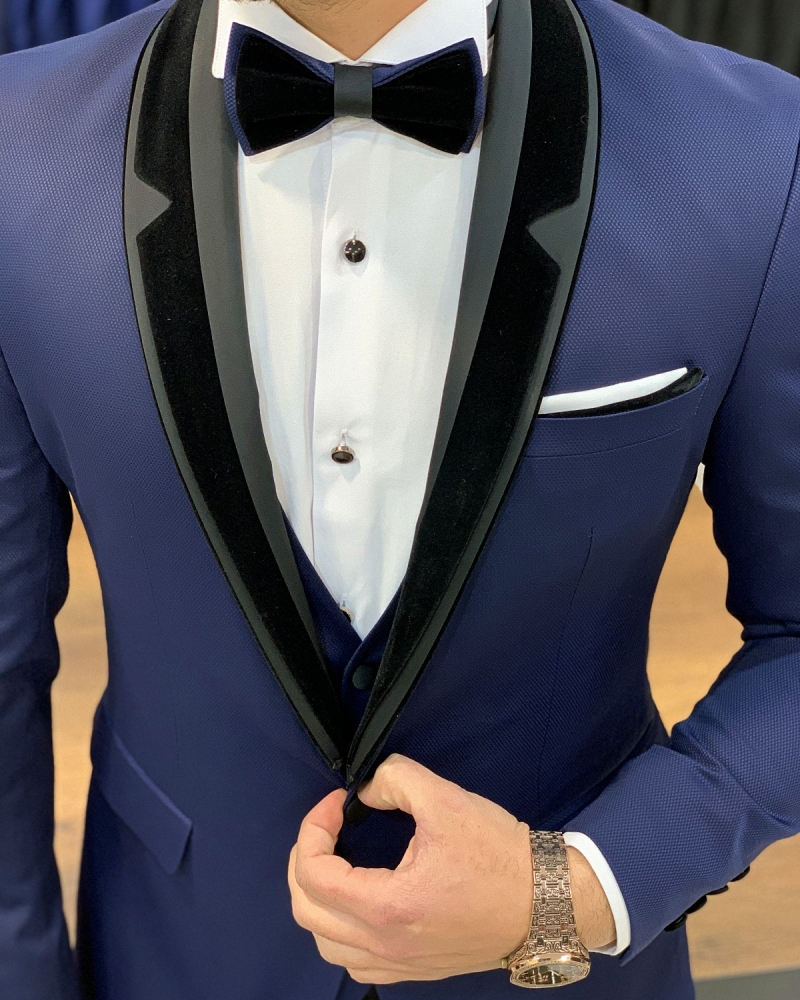 Navy Blue Slim Fit Velvet Shawl Lapel Tuxedo by GentWith.com with Free Worldwide Shipping
