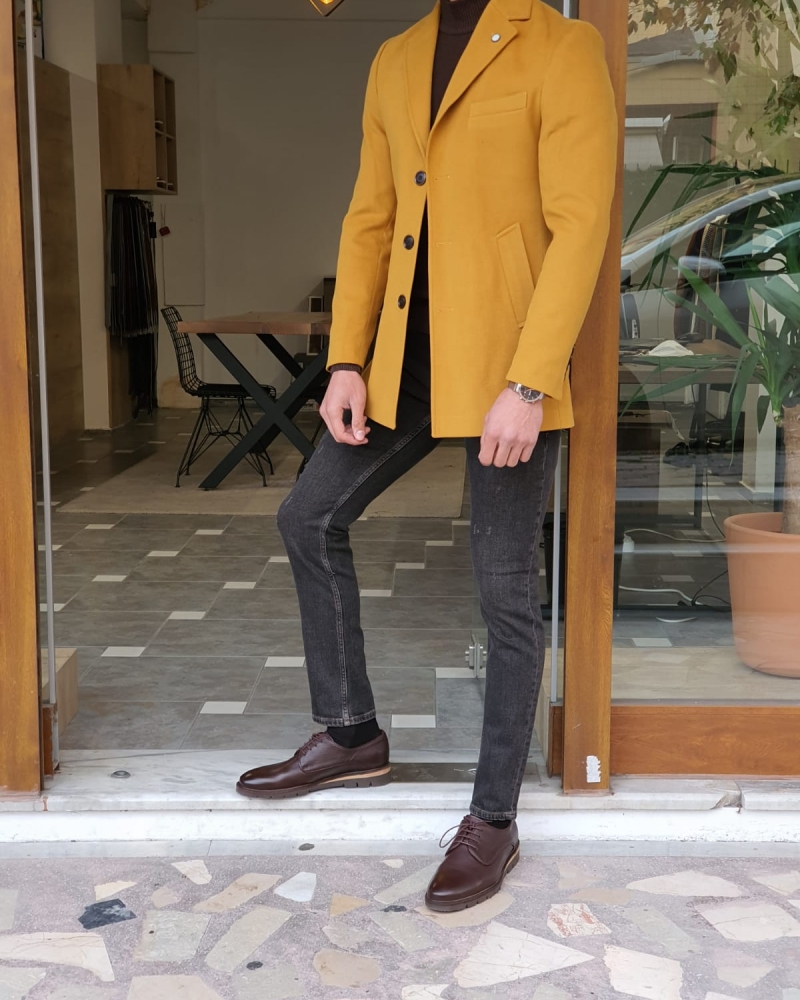 Yellow Slim Fit Wool Long Coat by GentWith.com with Free Worldwide Shipping