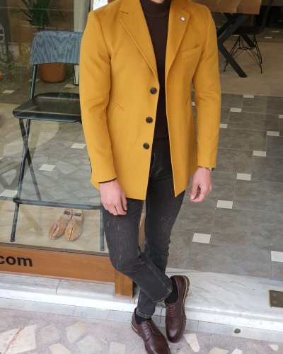 Yellow Slim Fit Wool Long Coat by GentWith.com with Free Worldwide Shipping