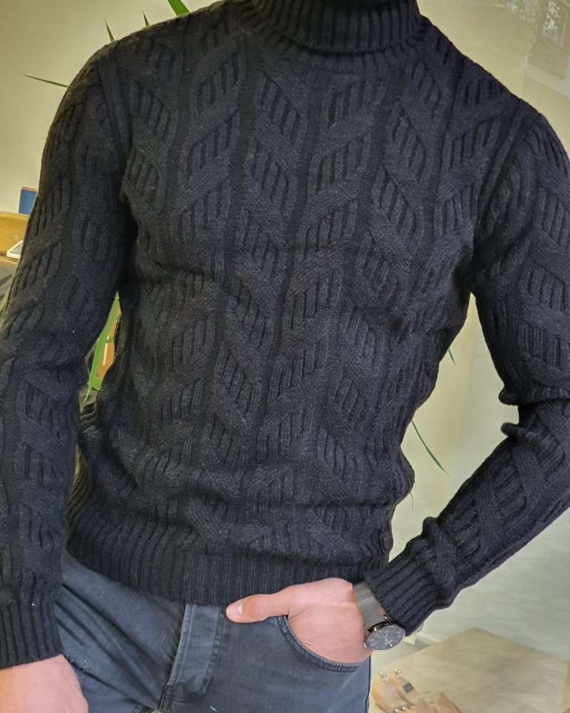 Black Slim Fit Turtleneck Wool Sweater by GentWith.com with Free Worldwide Shipping