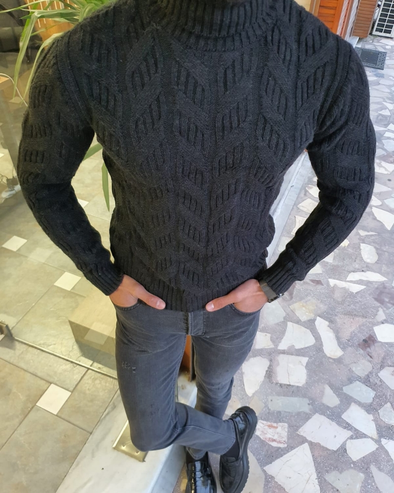 Black Slim Fit Turtleneck Wool Sweater by GentWith.com with Free Worldwide Shipping
