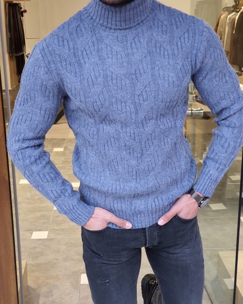 Indigo Slim Fit Turtleneck Wool Sweater by GentWith.com with Free Worldwide Shipping