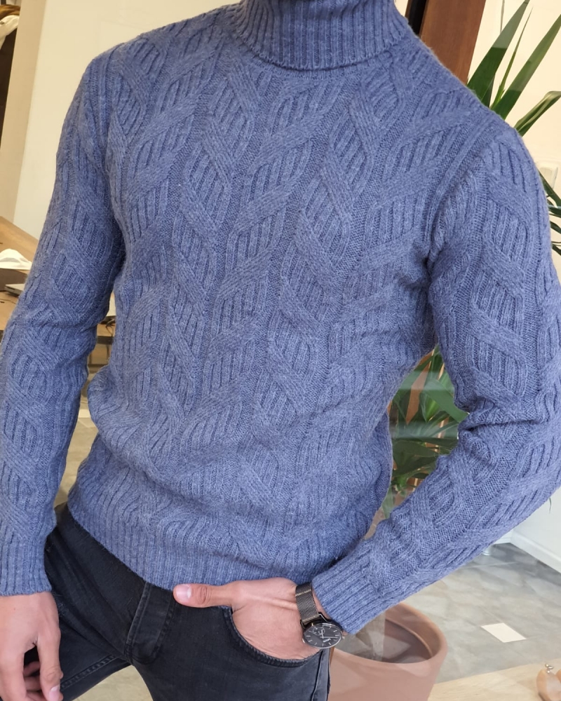 Indigo Slim Fit Turtleneck Wool Sweater by GentWith.com with Free Worldwide Shipping