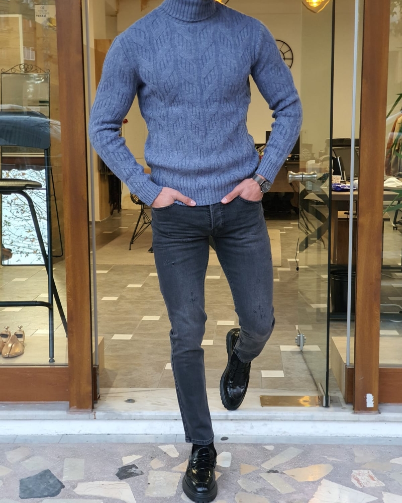 Indigo Slim Fit Turtleneck Wool Sweater by GentWith.com with Free Worldwide Shipping