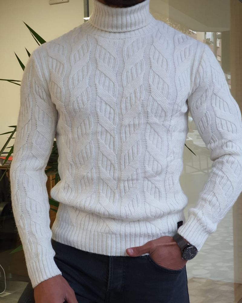 White Slim Fit Turtleneck Wool Sweater by GentWith.com with Free Worldwide Shipping