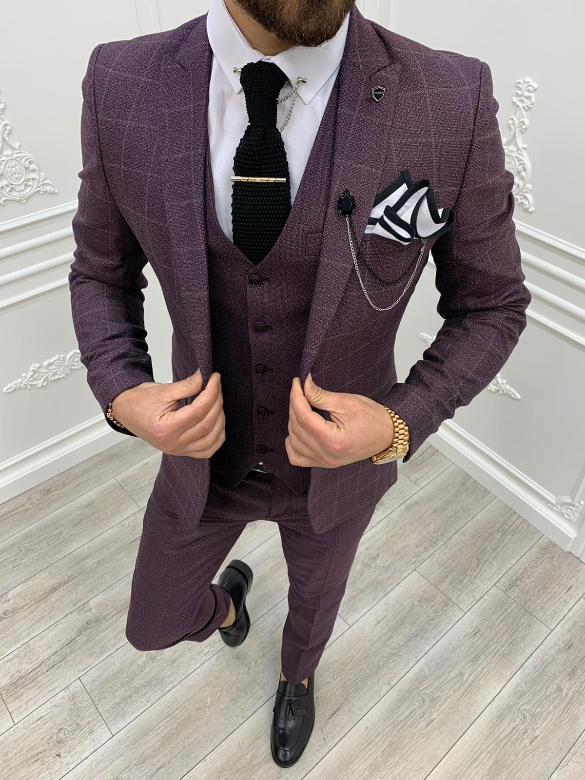 Buy Burgundy Slim Fit Plaid Suit By With Free Shipping