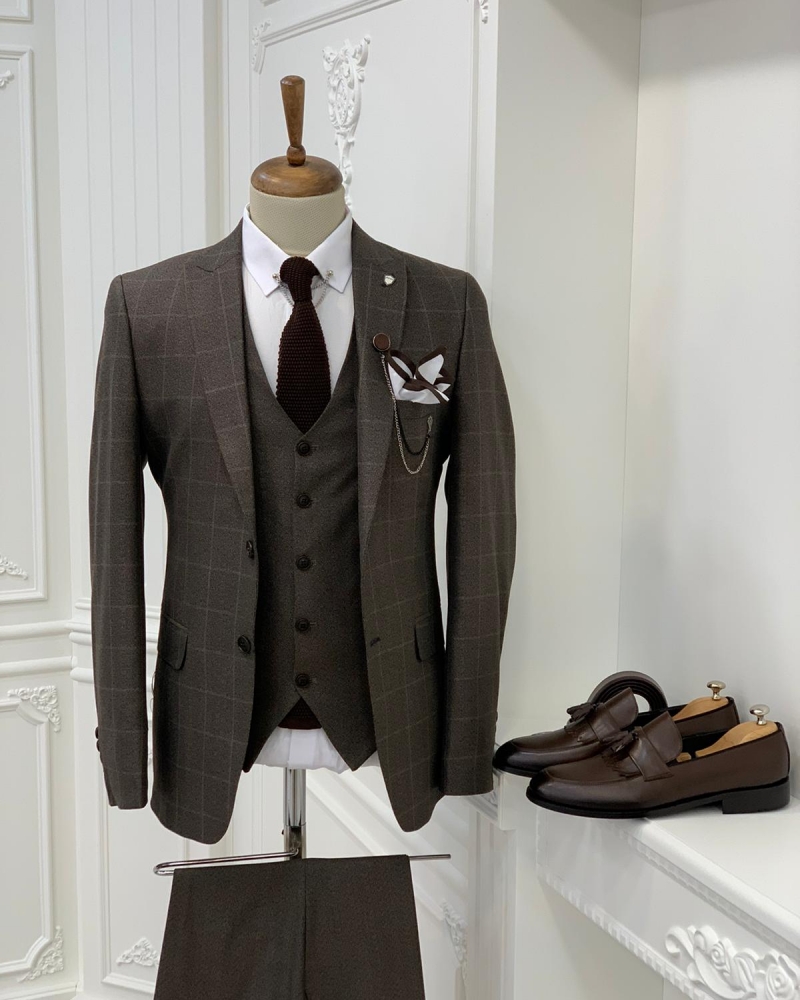 Brown Slim Fit Plaid Suit by GentWith.com with Free Worldwide Shipping