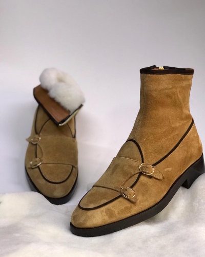 Beige Leather Double Buckle Boots by GentWith.com with Free Worldwide Shipping