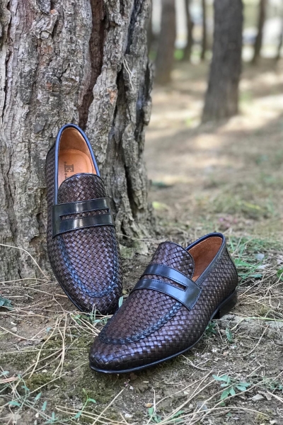 Brown Woven Leather Loafers by GentWith.com with Free Worldwide Shipping