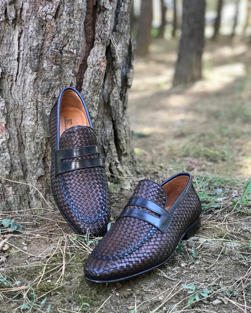 Brown Woven Leather Loafers by GentWith.com with Free Worldwide Shipping