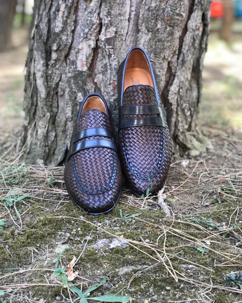 Brown Woven Leather Loafers by GentWith.com with Free Worldwide Shipping