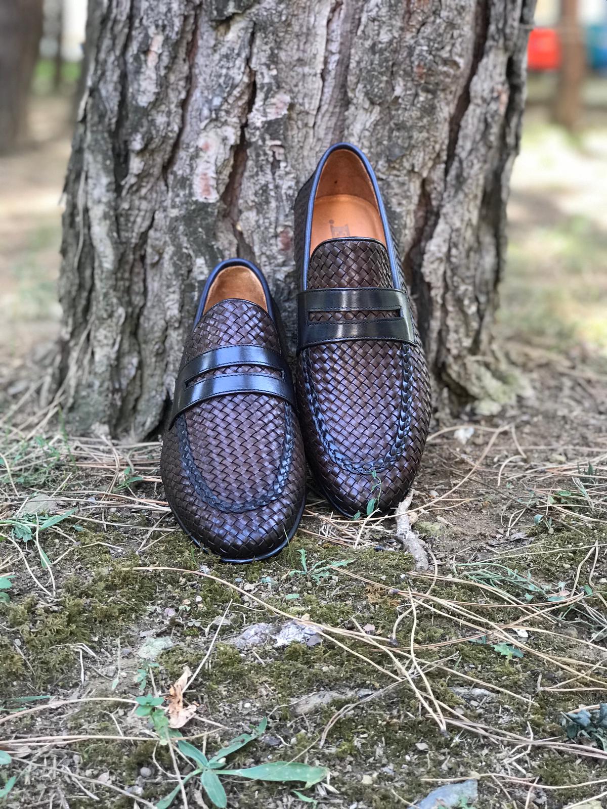Buy Handmade Brown Woven Leather Tassel Loafers GentWith