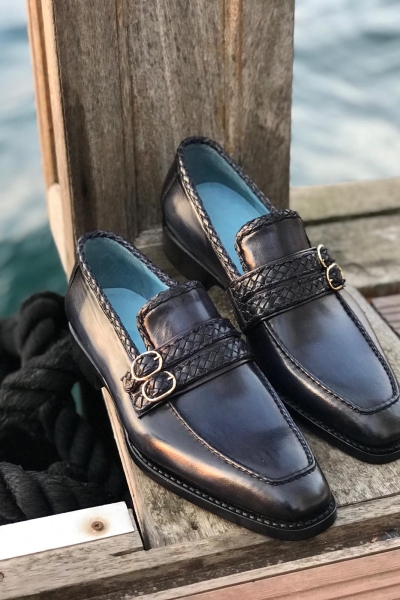 Navy Blue Leather Loafers by GentWith.com with Free Worldwide Shipping