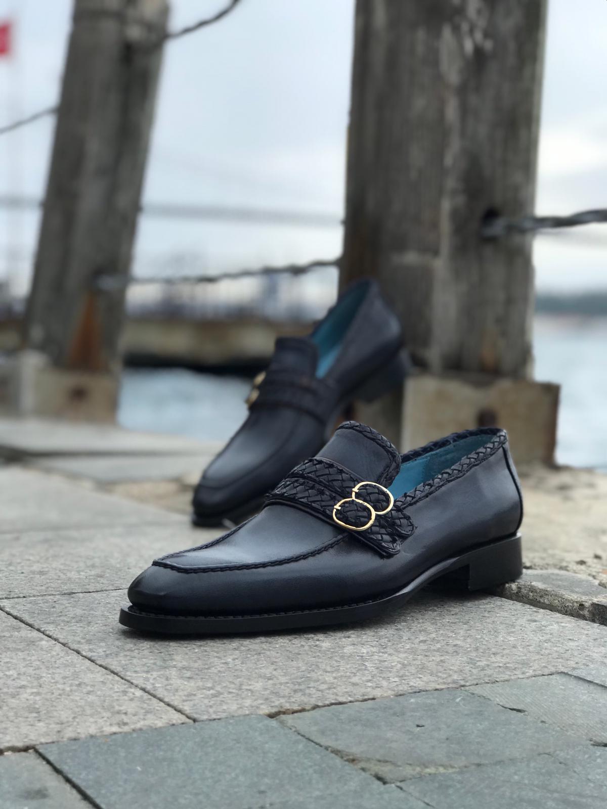 Buy Handmade Navy Blue Leather Loafers GentWith.com