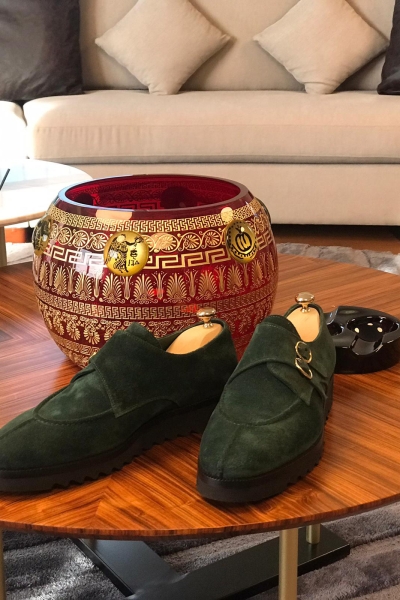 Green Suede Leather Buckle Loafers by GentWith.com with Free Worldwide Shipping