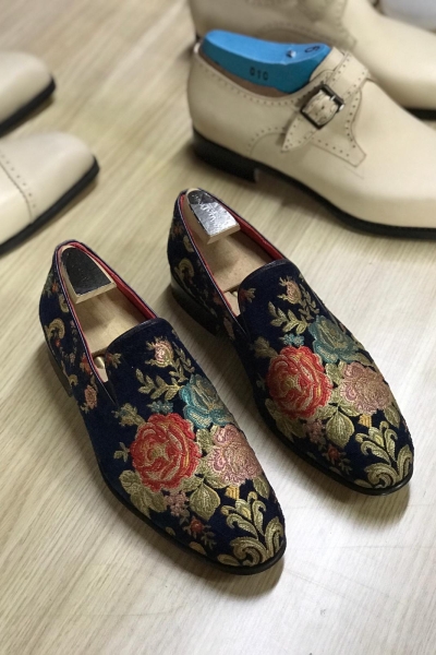 Navy Blue Embroidery Loafers by GentWith.com with Free Worldwide Shipping