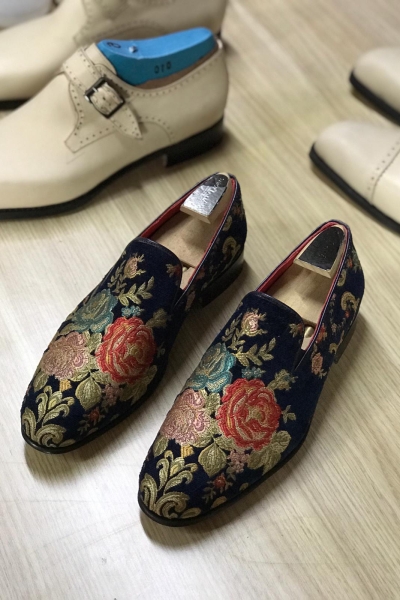 Navy Blue Embroidery Loafers by GentWith.com with Free Worldwide Shipping