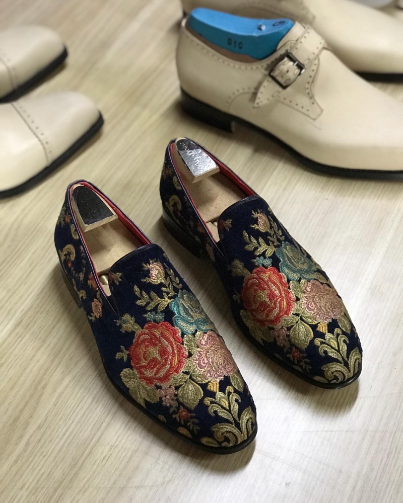 Navy Blue Embroidery Loafers by GentWith.com with Free Worldwide Shipping