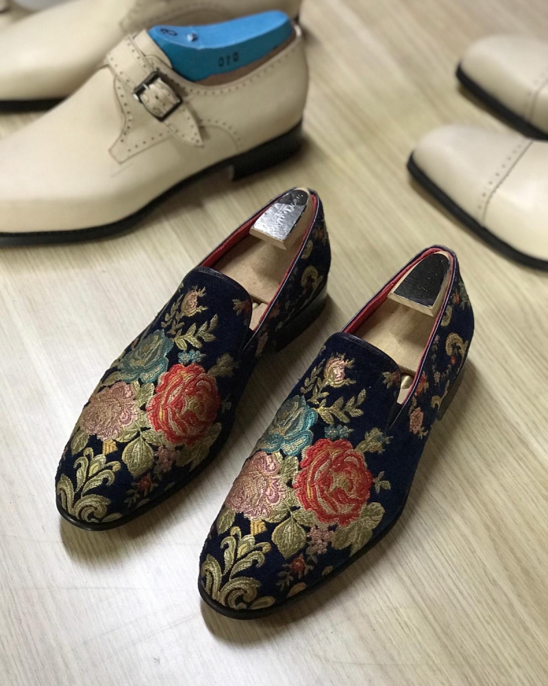 Navy Blue Embroidery Loafers by GentWith.com with Free Worldwide Shipping