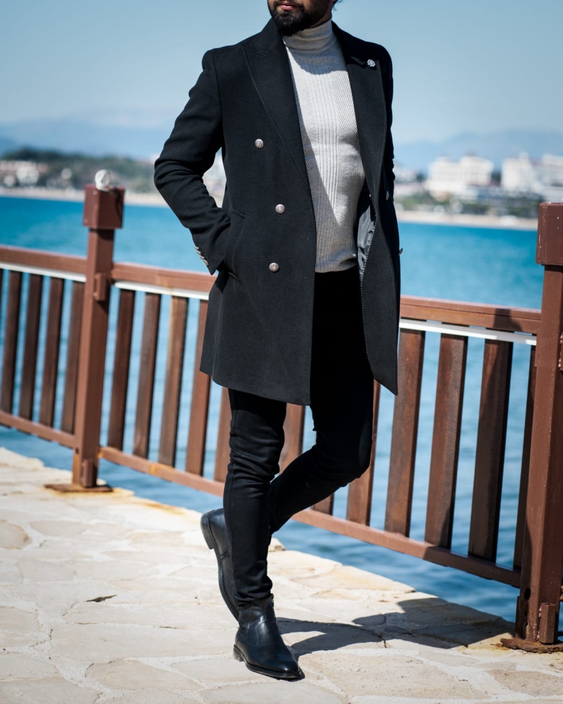 Black Slim Fit Wool Long Coat by GentWith.com with Free Worldwide Shipping