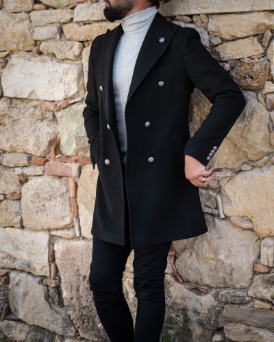 Black Slim Fit Wool Long Coat by GentWith.com with Free Worldwide Shipping