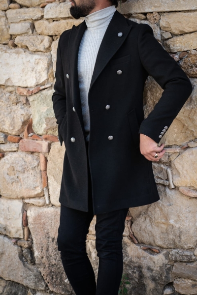 Black Slim Fit Wool Long Coat by GentWith.com with Free Worldwide Shipping