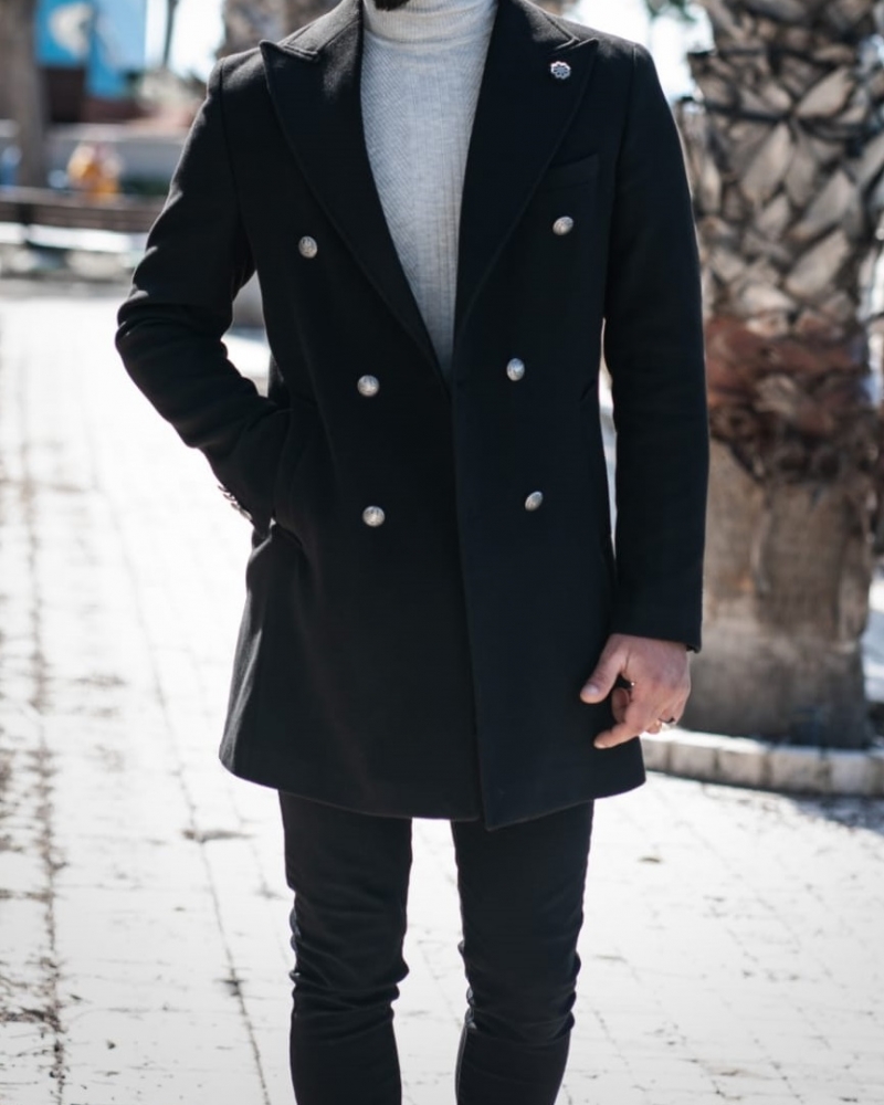 Black Slim Fit Wool Long Coat by GentWith.com with Free Worldwide Shipping
