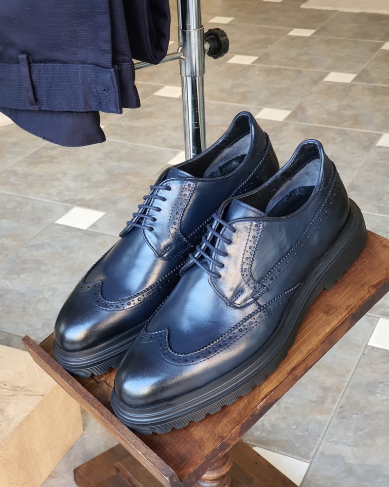 Navy Blue Wingtip Oxfords by GentWith.com with Free Worldwide Shipping