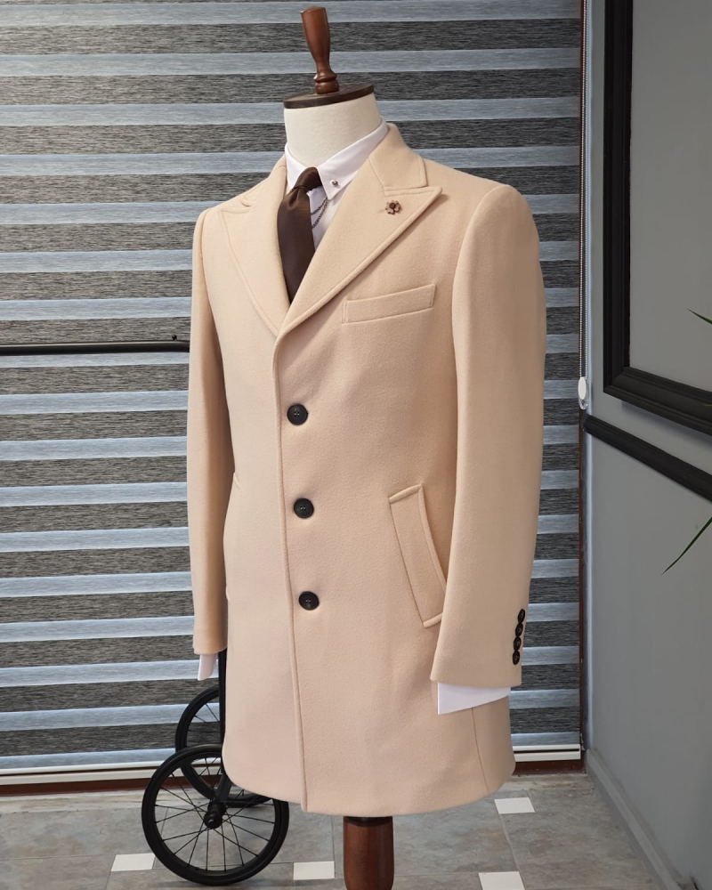 Beige Slim Fit Wool Long Coat by GentWith.com with Free Worldwide Shipping