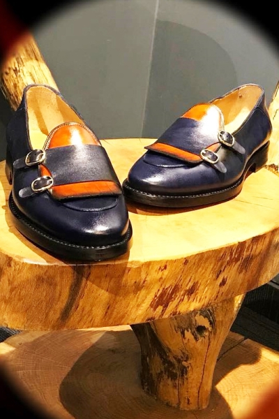 Navy Blue Genuine Leather Monk Strap Kilt Loafers by GentWith.com with Free Worldwide Shipping