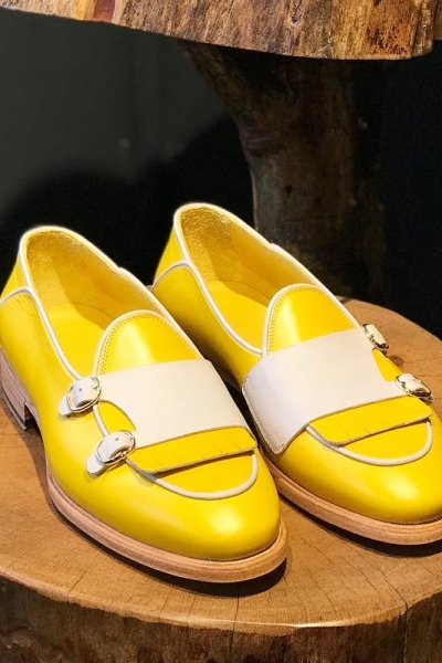 Yellow Genuine Leather Monk Strap Kilt Loafers by GentWith.com with Free Worldwide Shipping