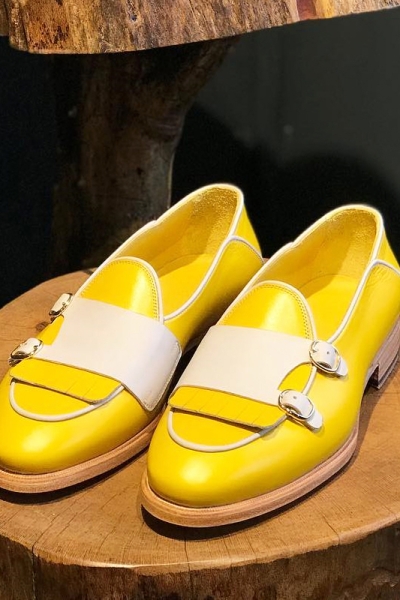 Yellow Genuine Leather Monk Strap Kilt Loafers by GentWith.com with Free Worldwide Shipping