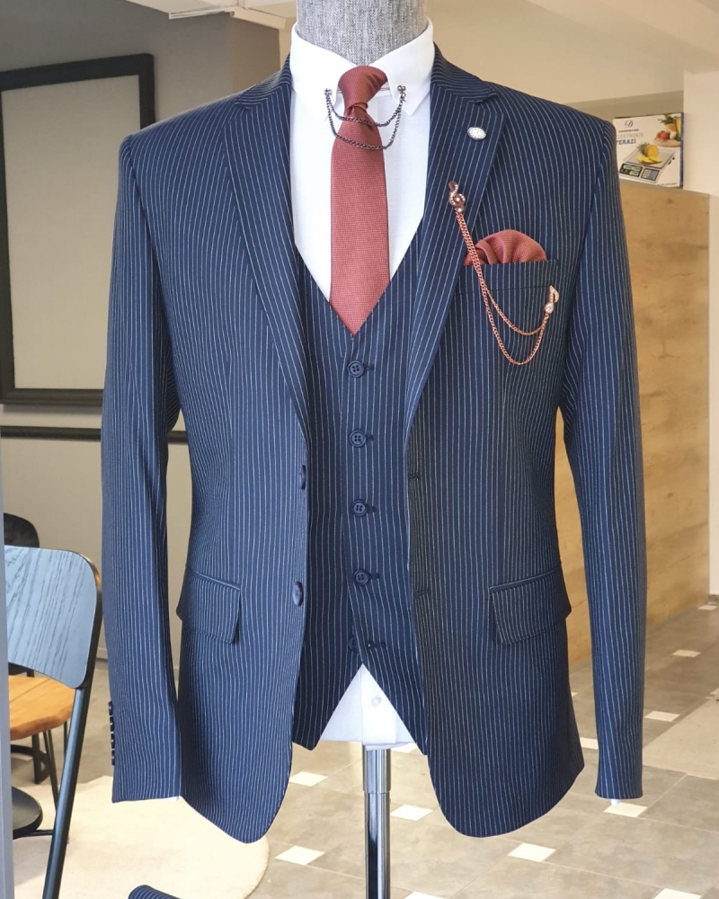 GentWith Evansville Navy Blue Slim Fit Pinstripe Suit