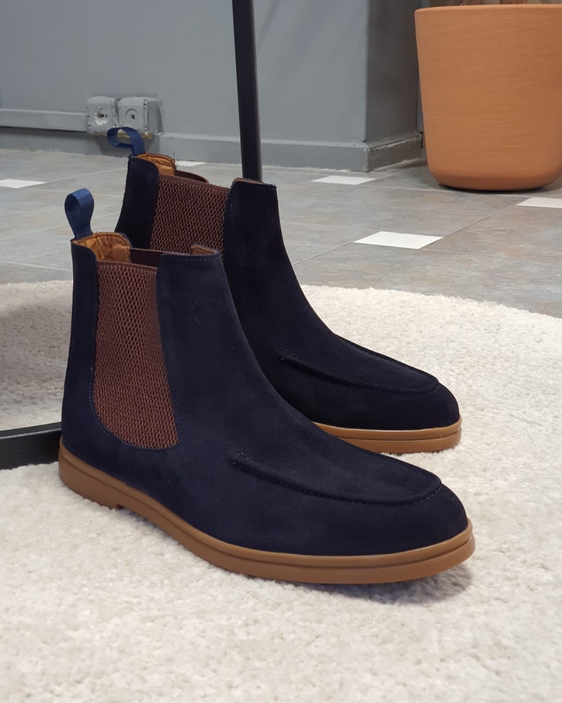 Navy Blue Suede Chelsea Boots by GentWith.com with Free Worldwide Shipping