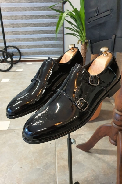 Black Patent Leather Monk Strap Shoes by GentWith.com with Free Worldwide Shipping