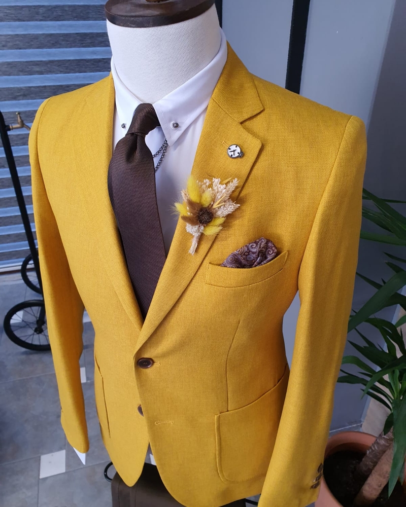 Yellow Slim Fit Cotton Blazer by GentWith.com with Free Worldwide Shipping