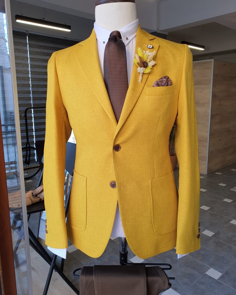 Yellow Slim Fit Cotton Blazer by GentWith.com with Free Worldwide Shipping