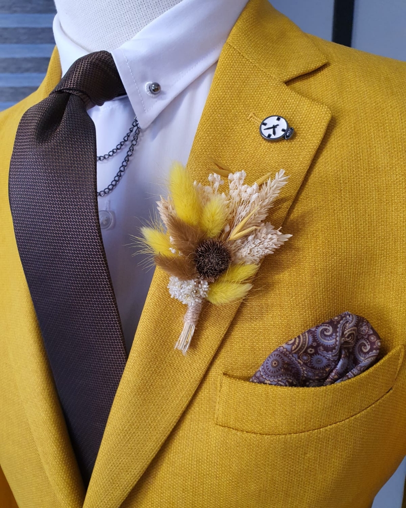 Yellow Slim Fit Cotton Blazer by GentWith.com with Free Worldwide Shipping