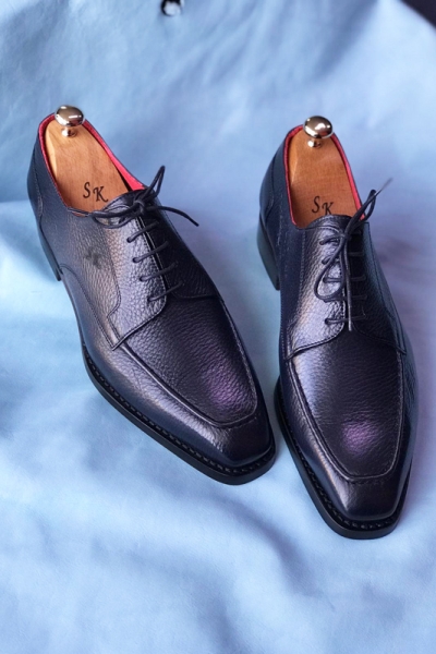 Navy Blue Genuine Leather Derby Shoes by GentWith.com with Free Worldwide Shipping