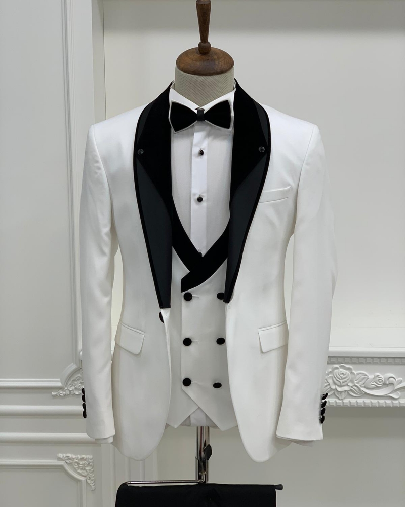 White Slim Fit Shawl Lapel Tuxedo by GentWith.com with Free Worldwide Shipping