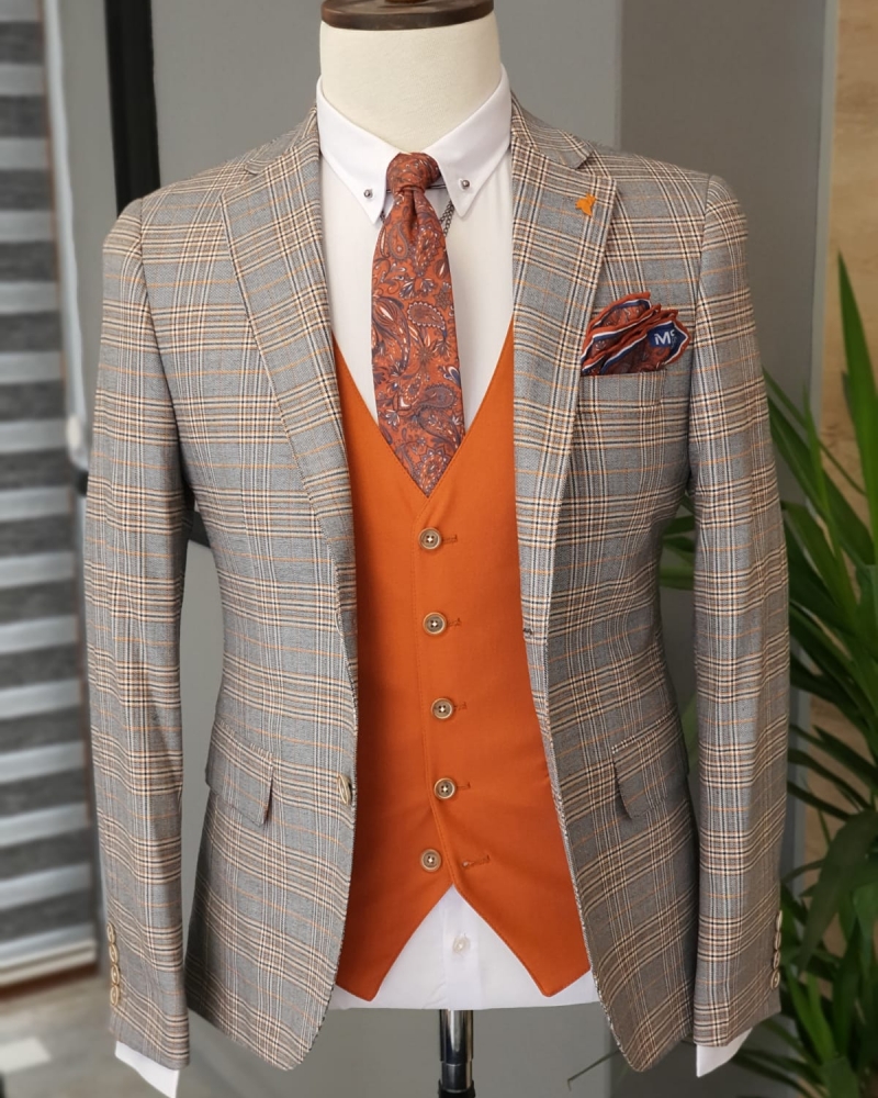 Orange Slim Fit Plaid Suit by GentWith.com with Free Worldwide Shipping